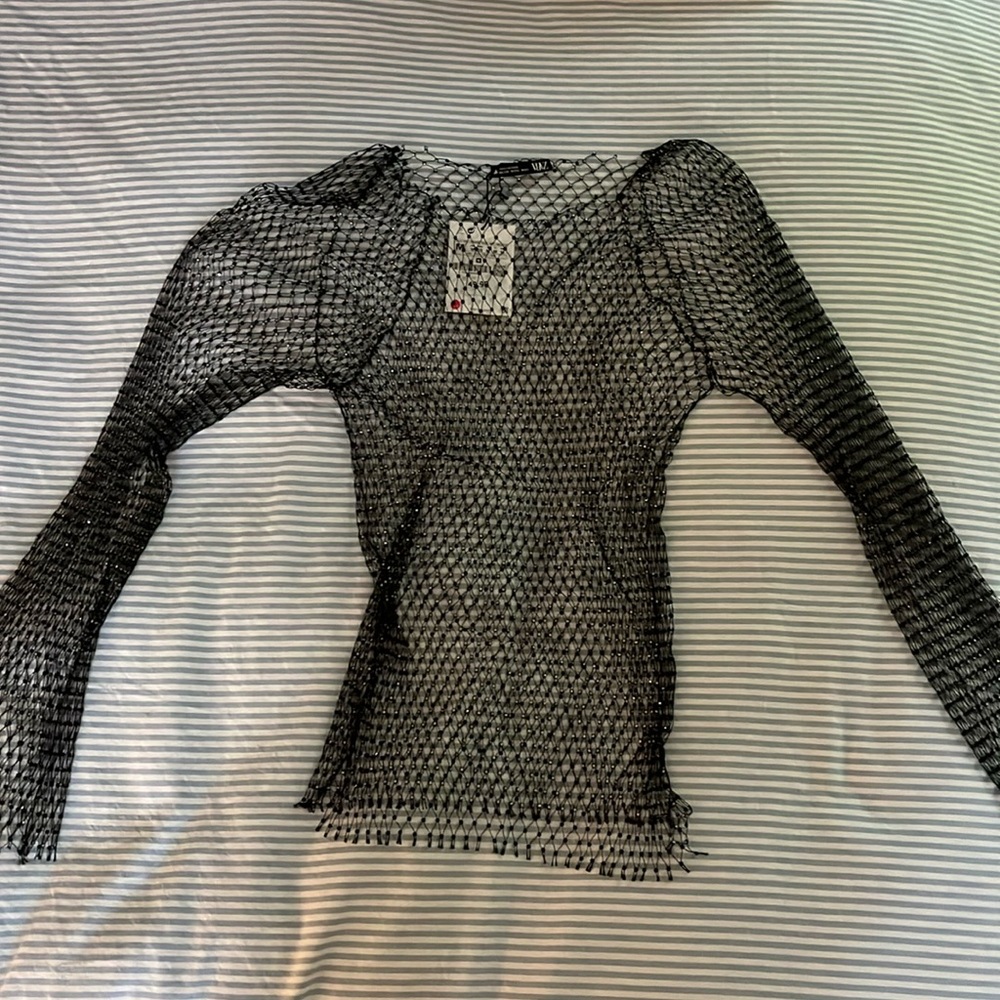 Zara see-through mesh bedazzled, long sleeve shirt